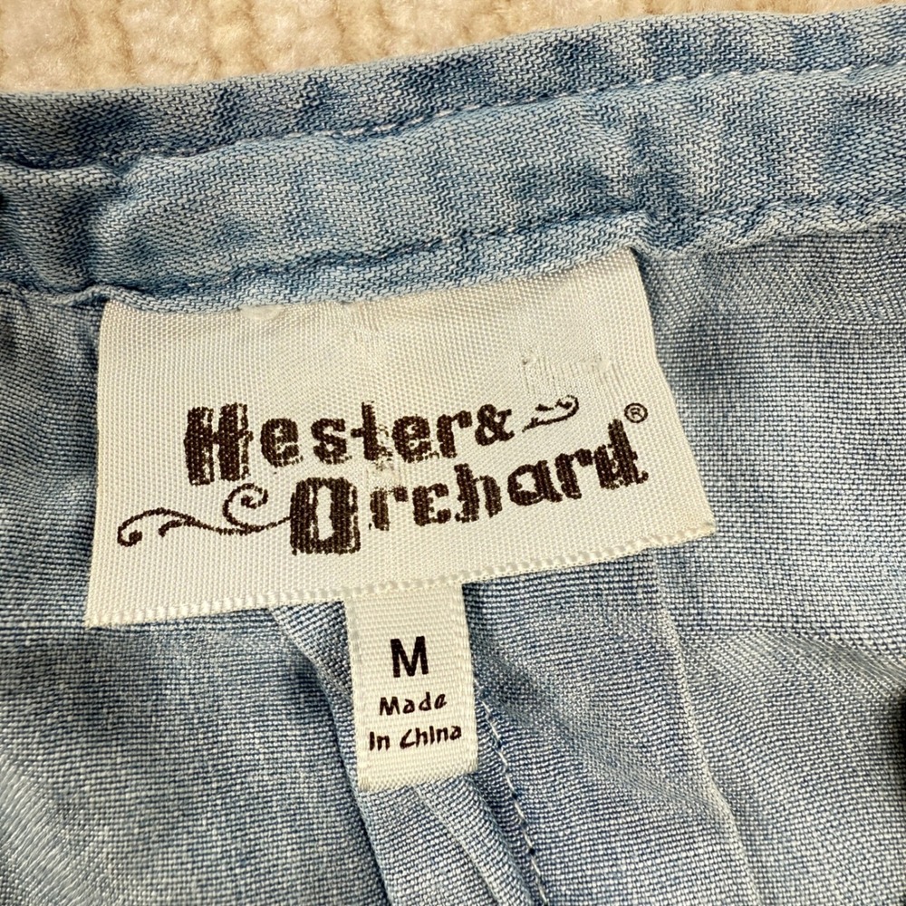 Hester Orchard Shirt Women's Medium Denim Tencel Tunic Frayed Hem Rodeo Cowgirl - Picture 3 of 10
